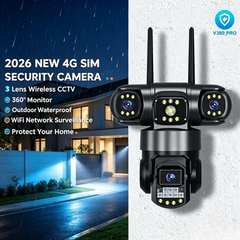 Home Yard Security Cameras - كاميرا أمنية بثلاث عدسات وشريحة 4G